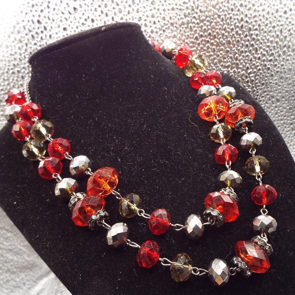 CROWN TRIFARI AMAZING RUBY & AURORA GREY FACETED CRYSTALS 2 STD. NECKLACE 11